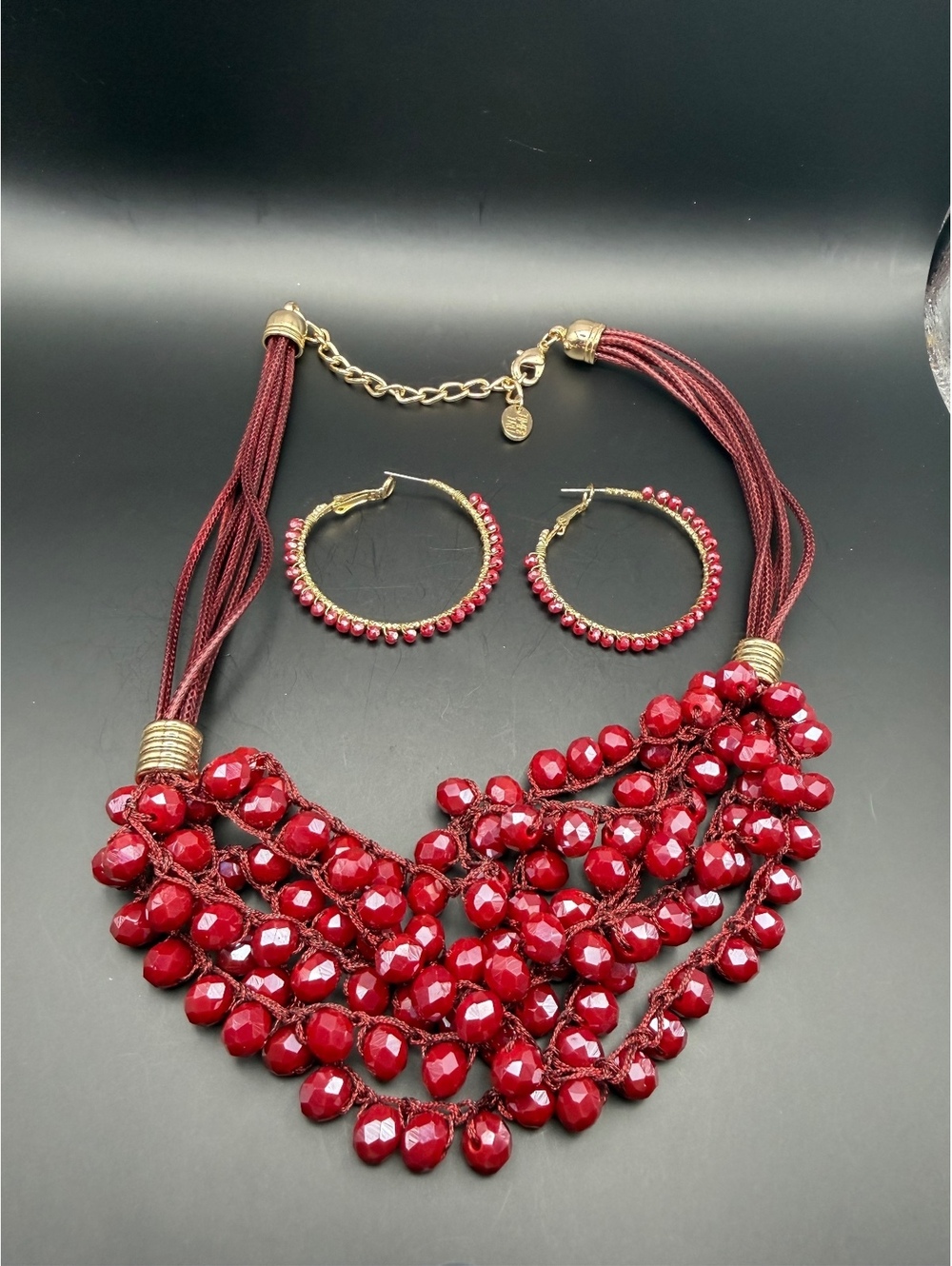 Red Beaded Statement Necklace and Hoop Earring Set